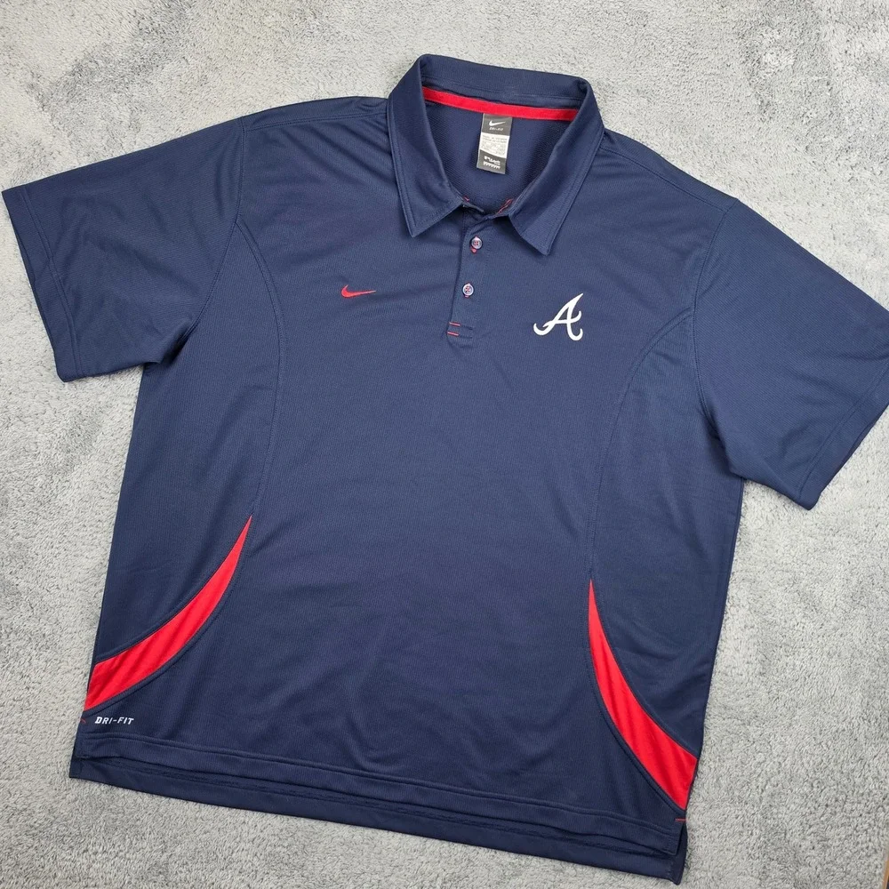 Nike Atlanta Braves Polo Mens XXL Navy Blue Dri-FIT MLB Authentic Performance